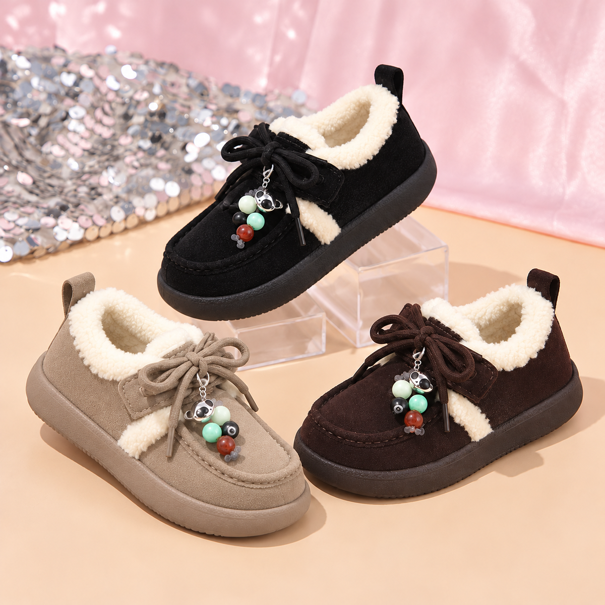Little Charm Kids’ Moccasin Shoes with Cozy Fleece Trim, Bow Laces and Colorful Bead Details – A Charming Style for Autumn and Winter