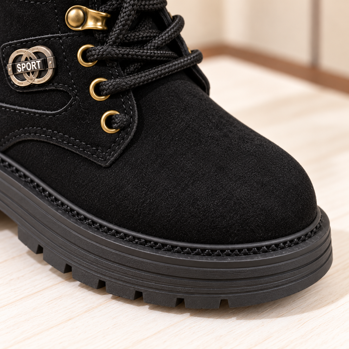Bottines à lacets pour enfant avec cols rembourrés, semelles épaisses et style outdoor classique – Disponibles en noir, camel et taupe