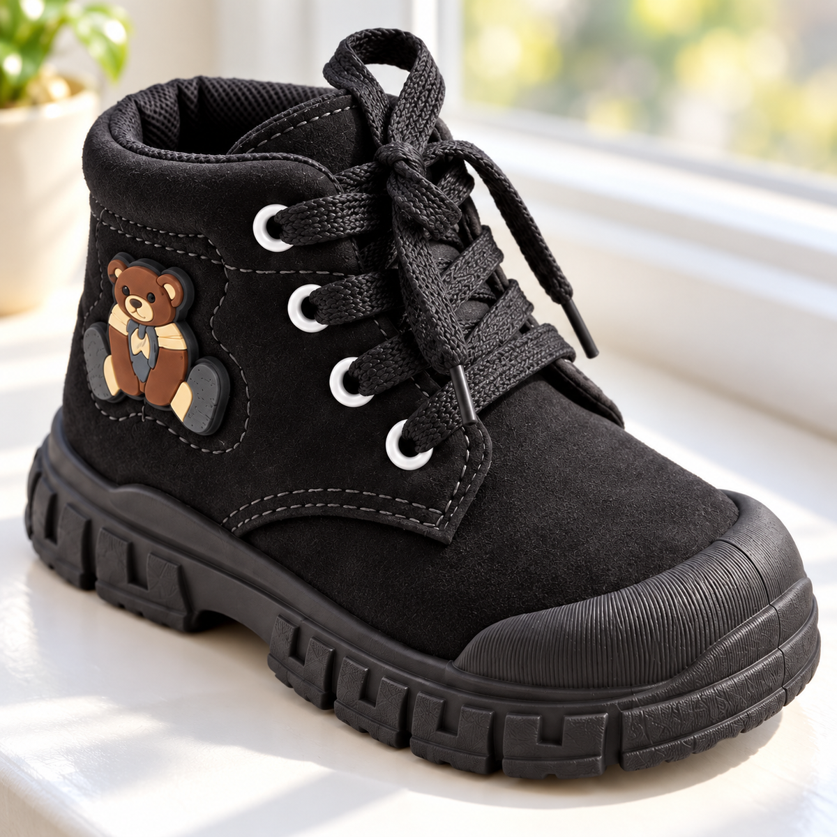 Bottines à lacets Teddy Bear pour enfants avec finition mate douce, col rembourré et semelle épaisse – Style automne et hiver au quotidien en beige, marron et noir