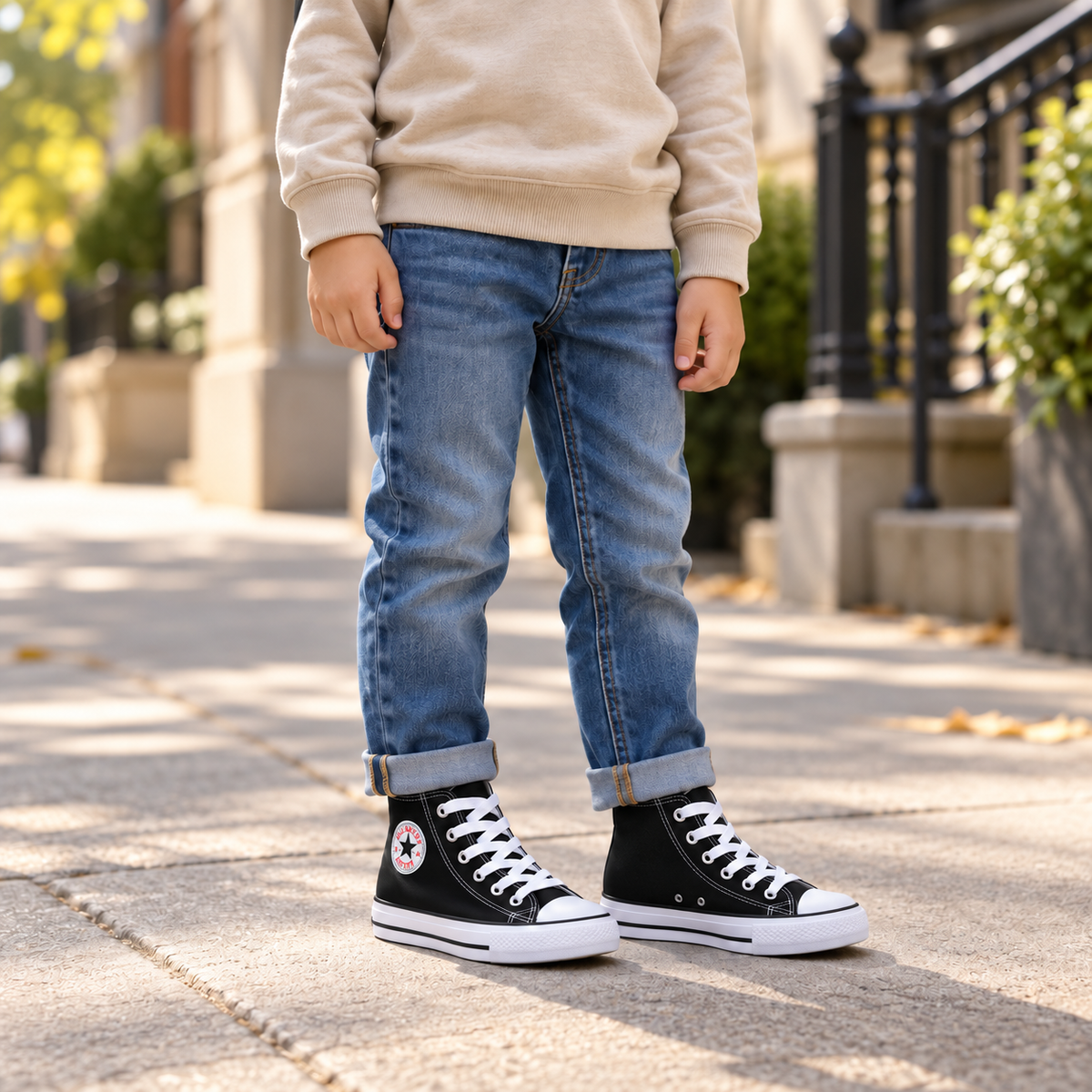 Kids’ Classic High-Top Lace-Up Sneakers in Black and White with Star Patch Details, Contrast Trim, and Timeless Everyday Style for Boys and Girls