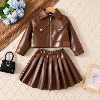 Ensemble deux pièces effet cuir pour fille avec veste zippée à col et jupe plissée – Marron ou noir