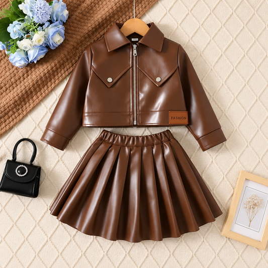 Ensemble deux pièces effet cuir pour fille avec veste zippée à col et jupe plissée – Marron ou noir