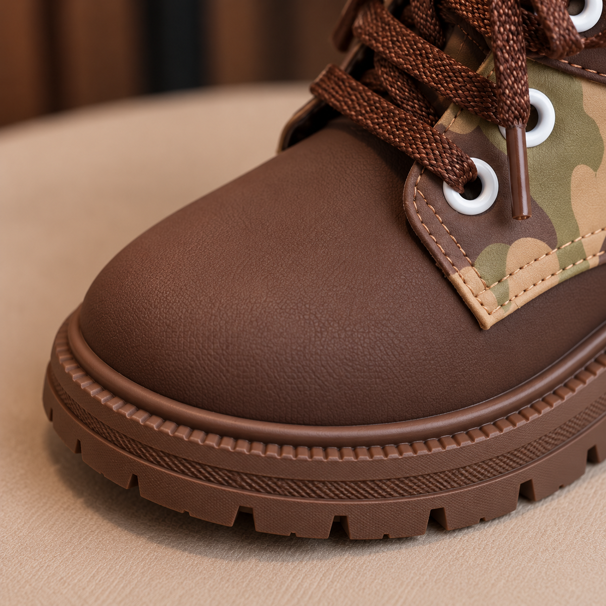 Kids’ Camouflage Lace-Up Ankle Boots with VIP Detail, Rounded Toe and Chunky Treaded Sole – Adventure-Inspired Style in Black, Brown and Camel