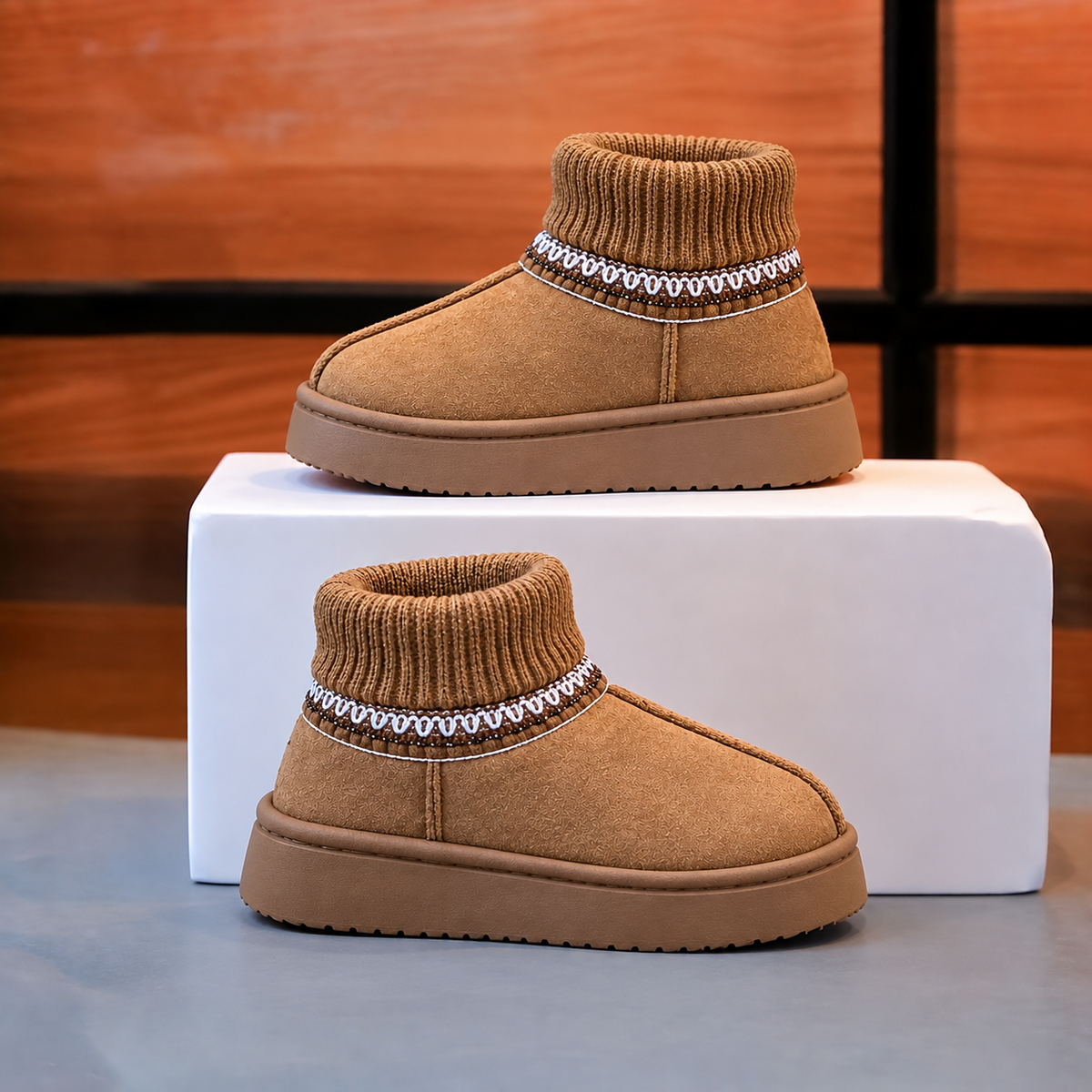 Girls’ Stylish Ankle Boots with Ribbed Knit Cuffs, Decorative Stitching and Chunky Soles