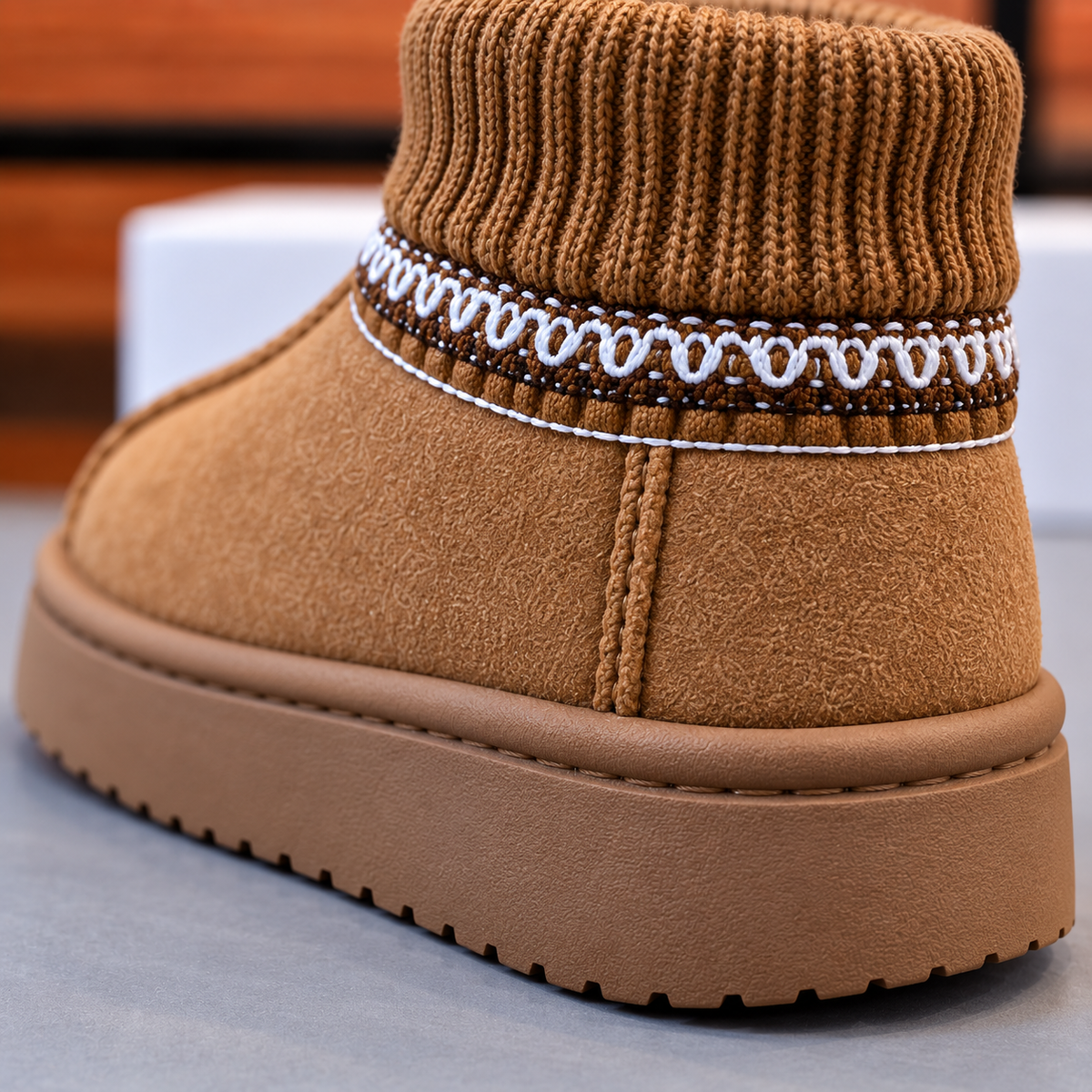 Girls’ Stylish Ankle Boots with Ribbed Knit Cuffs, Decorative Stitching and Chunky Soles