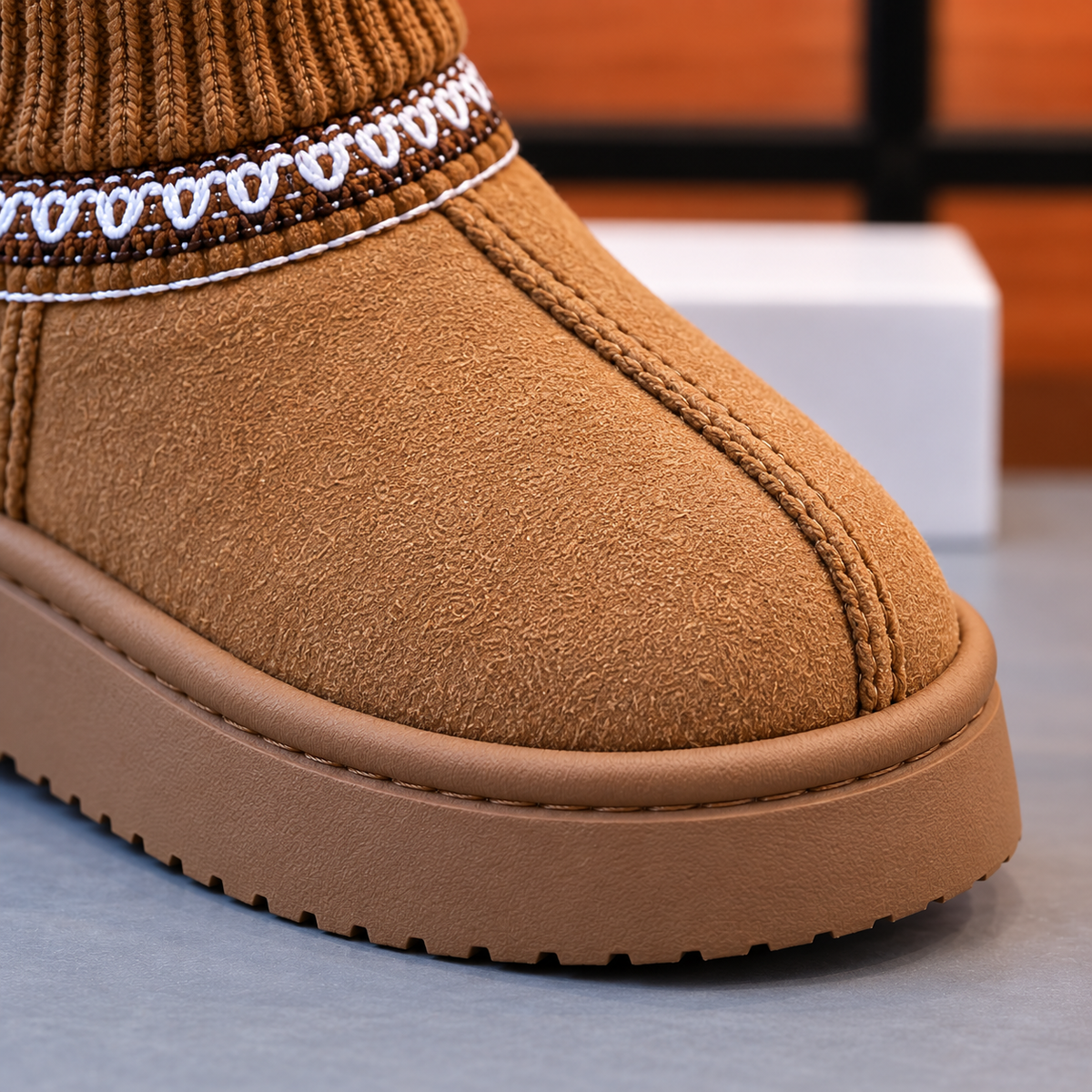 Girls’ Stylish Ankle Boots with Ribbed Knit Cuffs, Decorative Stitching and Chunky Soles