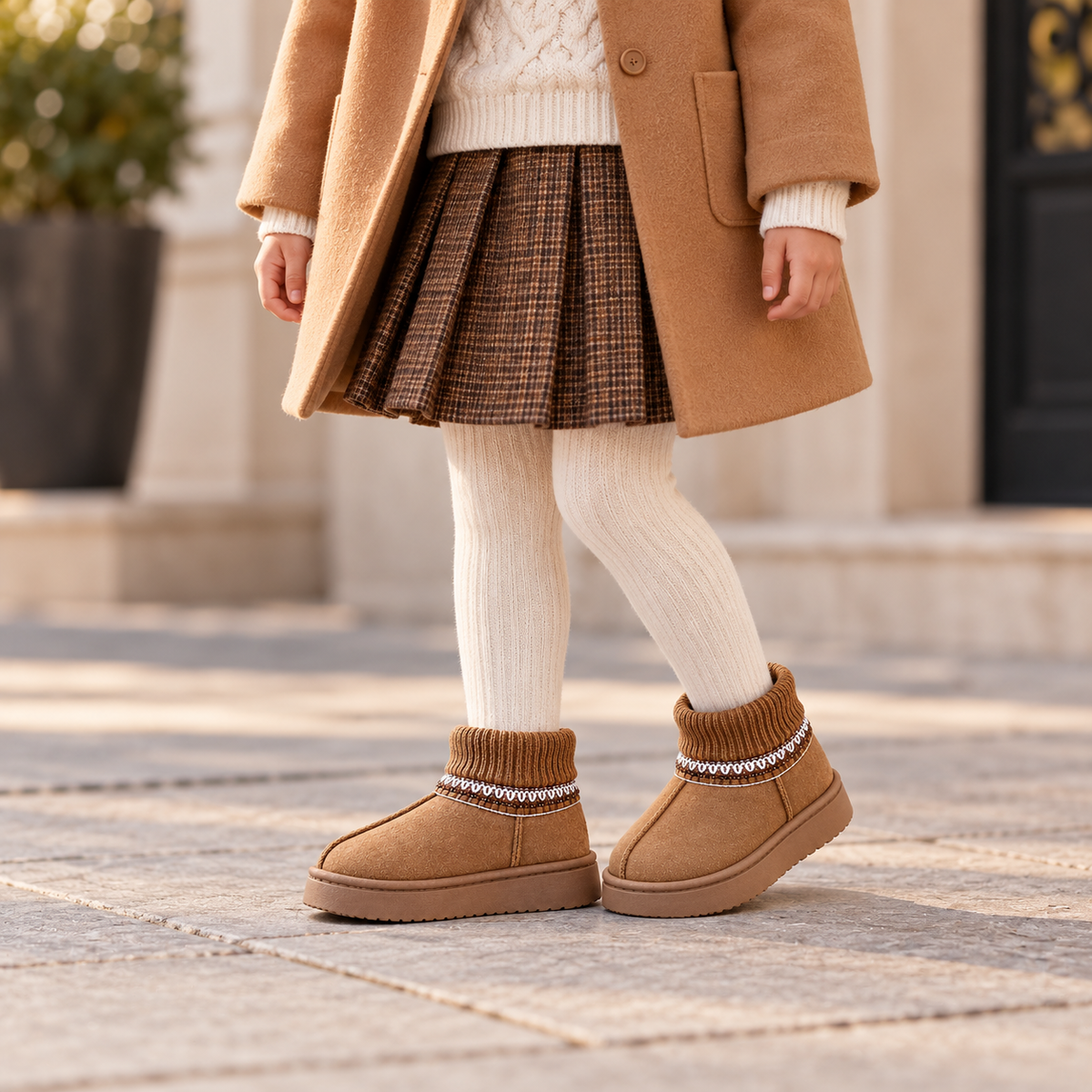 Girls’ Stylish Ankle Boots with Ribbed Knit Cuffs, Decorative Stitching and Chunky Soles