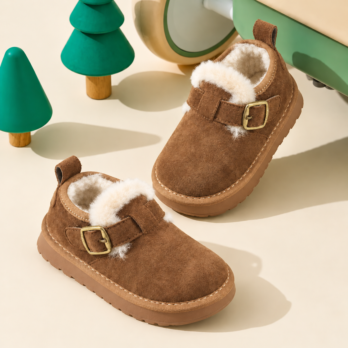 Kids’ Cozy Fleece-Lined Ankle Shoes with a Suede-Look Finish, Classic Buckle Detail and Chunky Sole for Charming Autumn and Winter Outfits