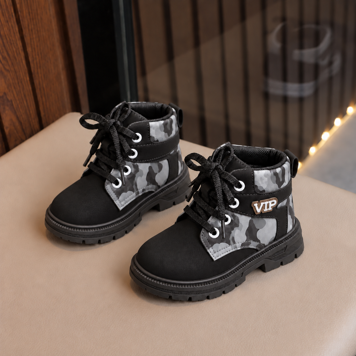 Kids’ Camouflage Lace-Up Ankle Boots with VIP Detail, Rounded Toe and Chunky Treaded Sole – Adventure-Inspired Style in Black, Brown and Camel