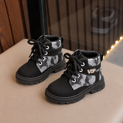 Kids’ Camouflage Lace-Up Ankle Boots with VIP Detail, Rounded Toe and Chunky Treaded Sole – Adventure-Inspired Style in Black, Brown and Camel