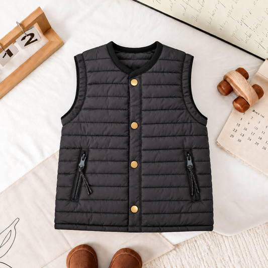 Kids’ Classic Black Quilted Puffer Vest – A Versatile Sleeveless Layer for Stylish School Outfits, Weekend Adventures and Cooler Days