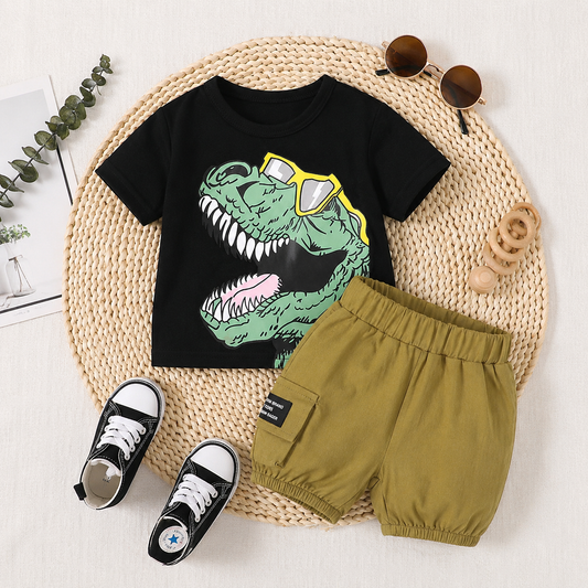 Ensemble 2 pièces pour bébé garçon avec lunettes et short cargo imprimé dinosaure,