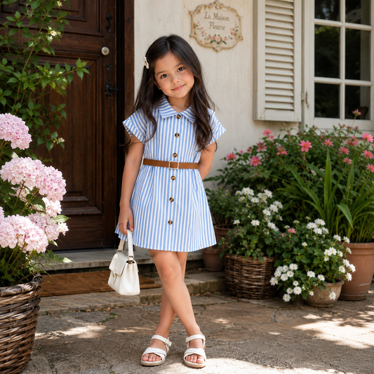 Girls' Blue Striped Belted Dress Set