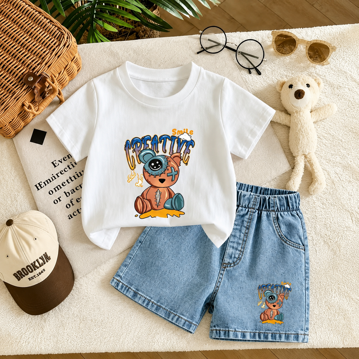 Bear Print T-Shirt & Denim Shorts Kids Summer Set 🧸👕👖