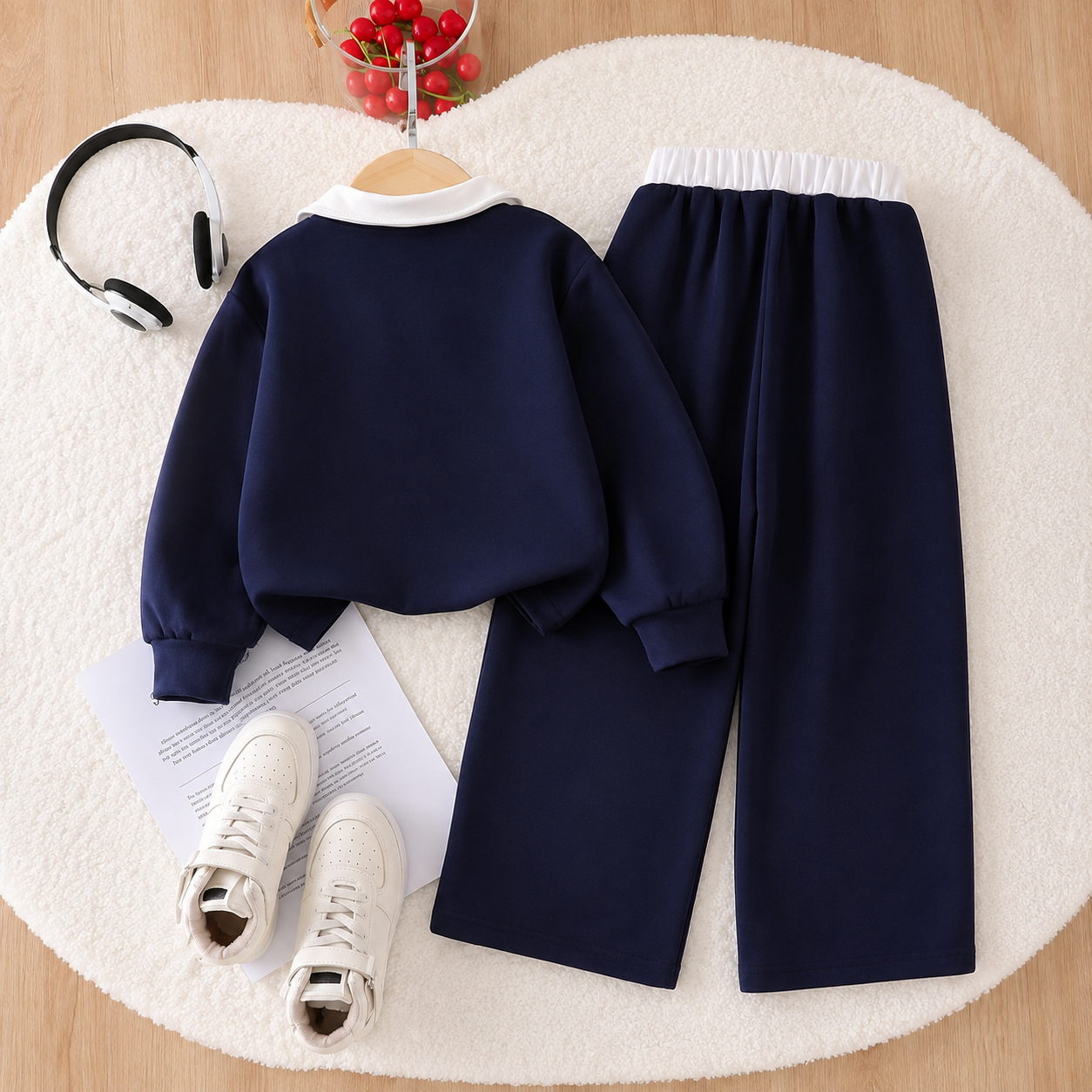 Ensemble décontracté unisexe deux pièces à col contrastant – Haut à manches longues et pantalon assorti