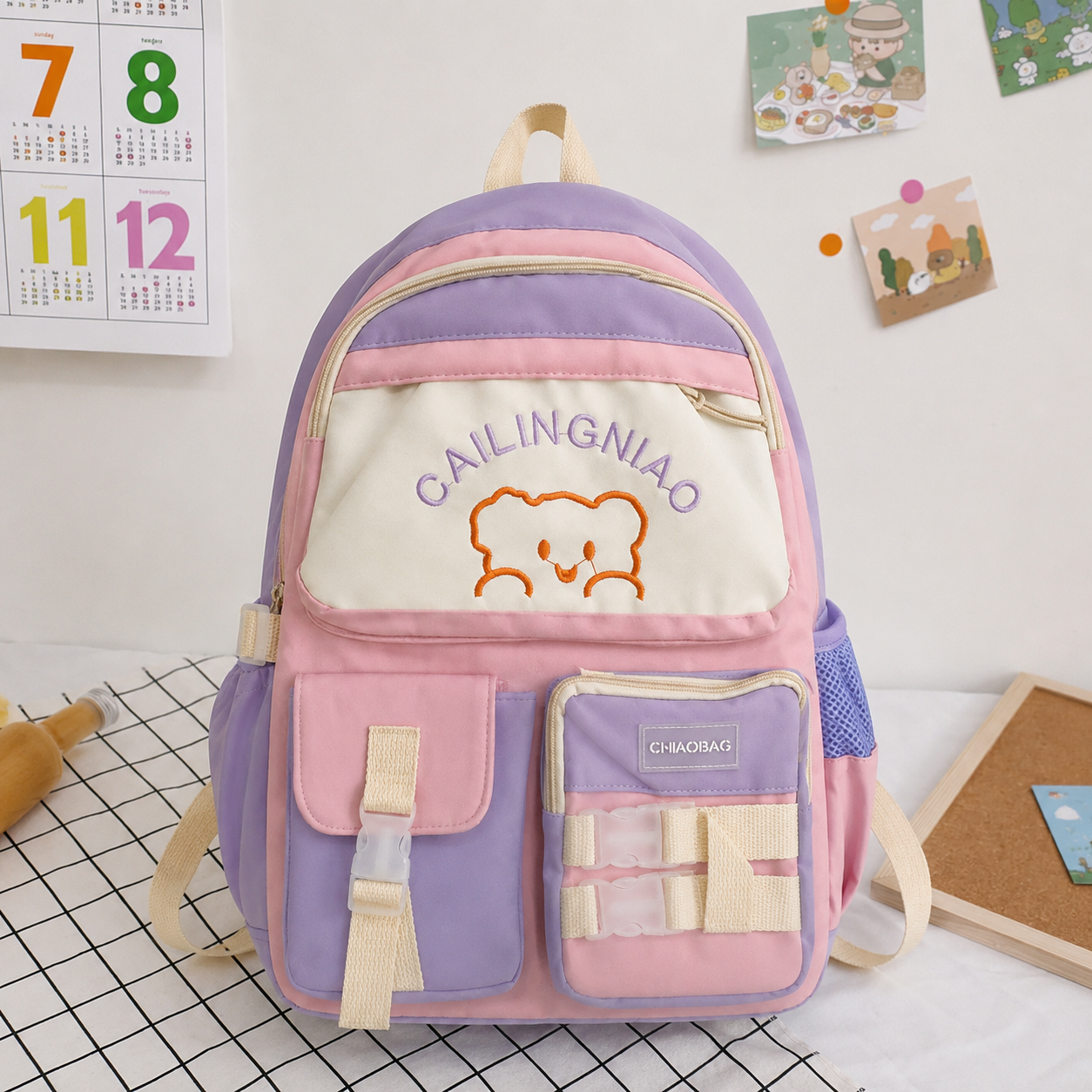 Kids Pastel Bear School Backpack – Multi-Pocket Cute & Practical Design