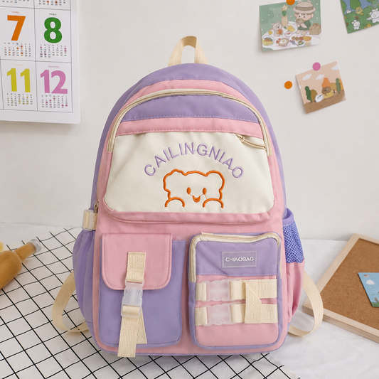 Sac à dos scolaire enfant avec ours pastel – Design mignon et pratique à multiples poches