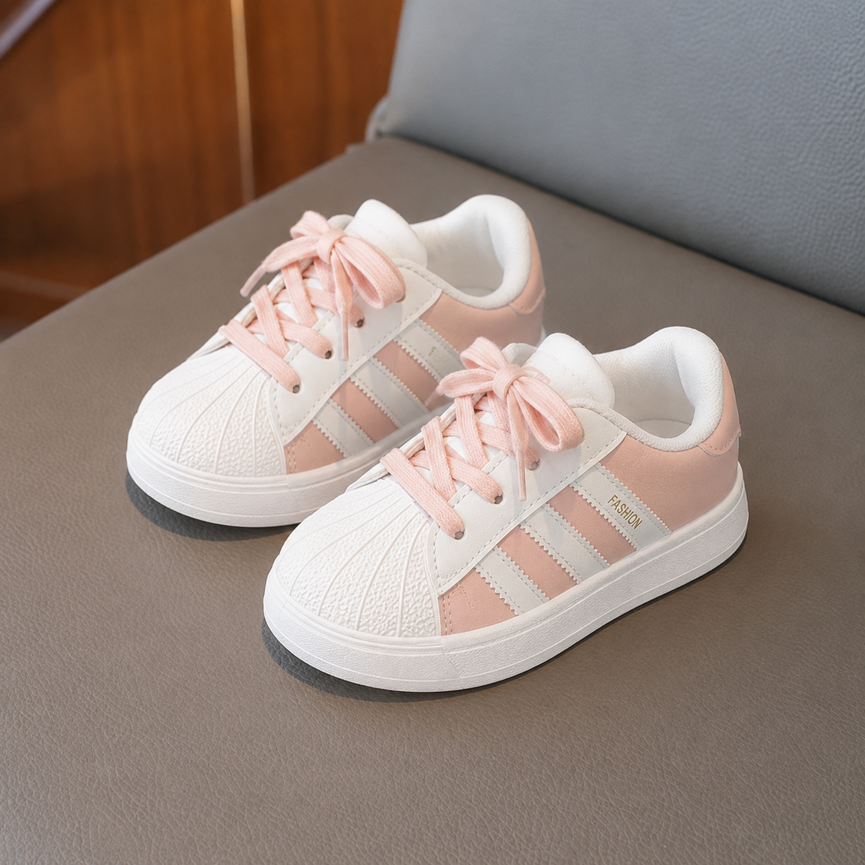 Kids Classic Stripe Sneakers – Lightweight Casual Sports Shoes with Hook & Loop Strap