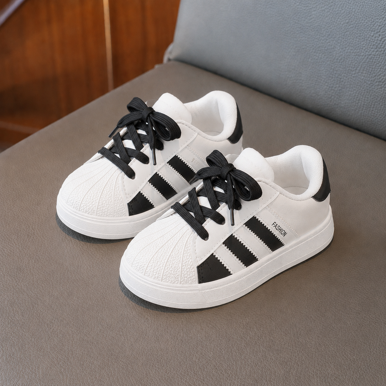 Kids Classic Stripe Sneakers – Lightweight Casual Sports Shoes with Hook & Loop Strap