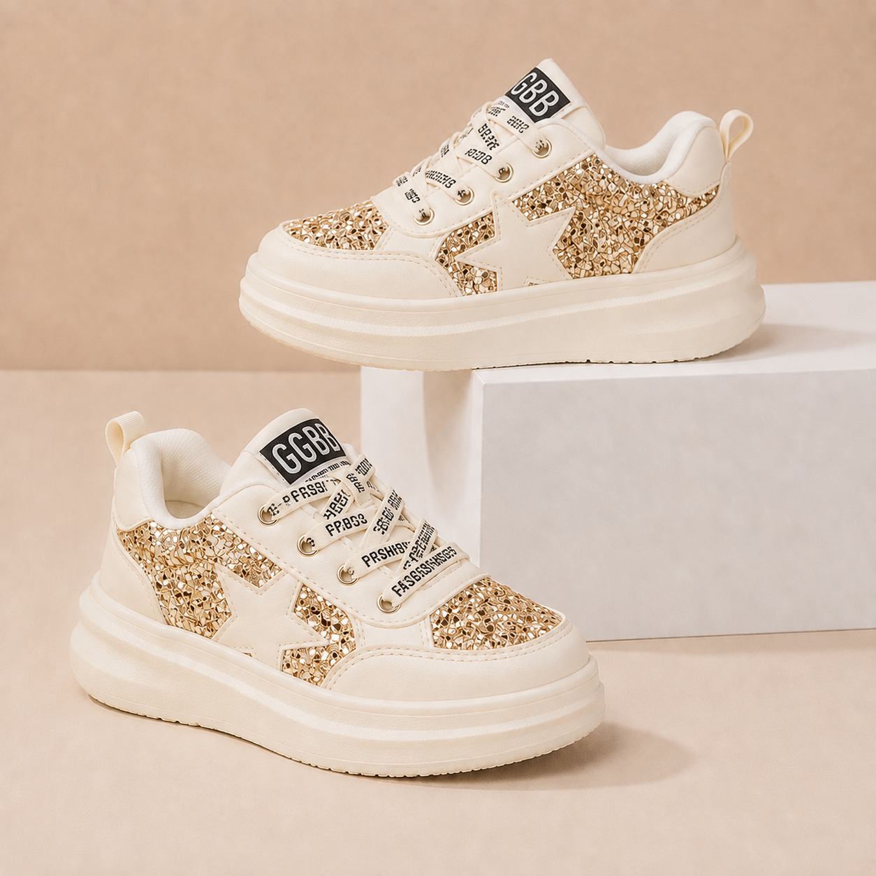 Girls Glitter Star Sneakers – Fashion Casual Shoes with Thick Sole & All-Day Comfort