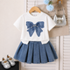 Girls' Bow Print T-Shirt & Pleated Denim Skirt 2-Piece Outfit Set – Stylish Casual Summer Clothing