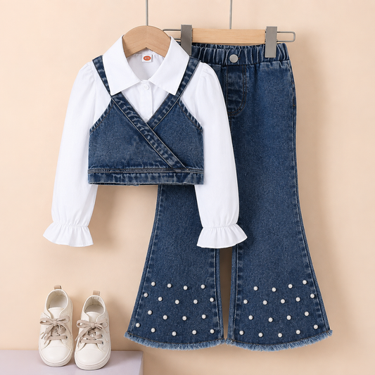 Ensemble 3 pièces pour filles avec pantalon en jean évasé, chemise blanche à manches bouffantes et débardeur en jean superposé