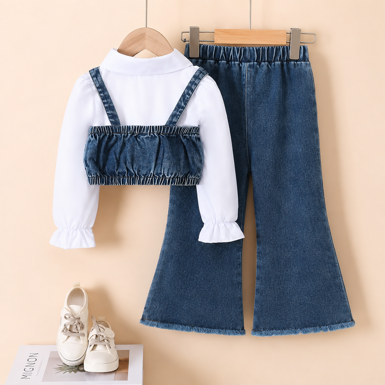 Girls' 3-Piece Denim Flare Pants Set with White Puff Sleeve Shirt & Layered Denim Camisole