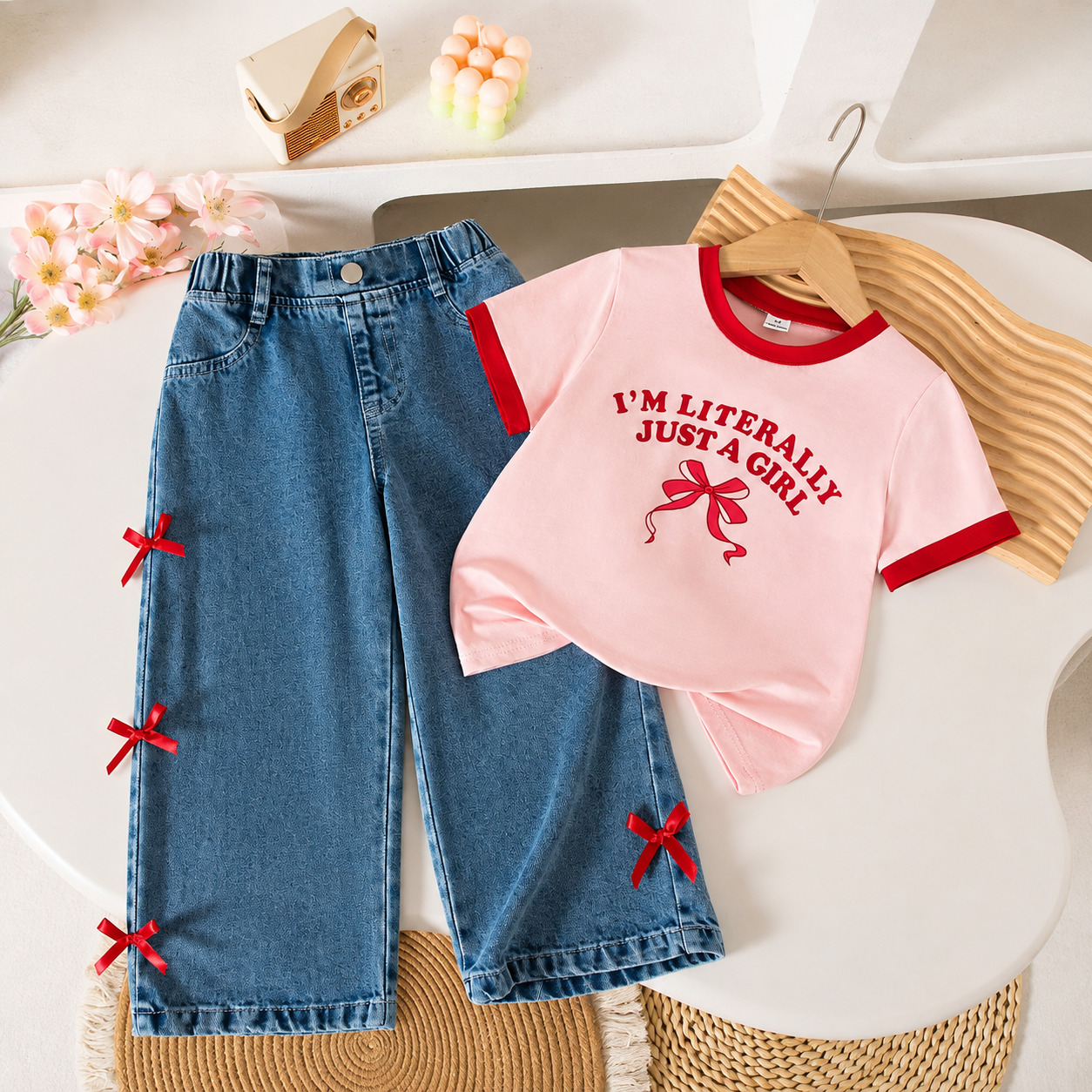 Girls' "I'm Literally Just a Girl" Bow Print T-Shirt & Denim Wide-Leg Jeans Set with Ribbon Details