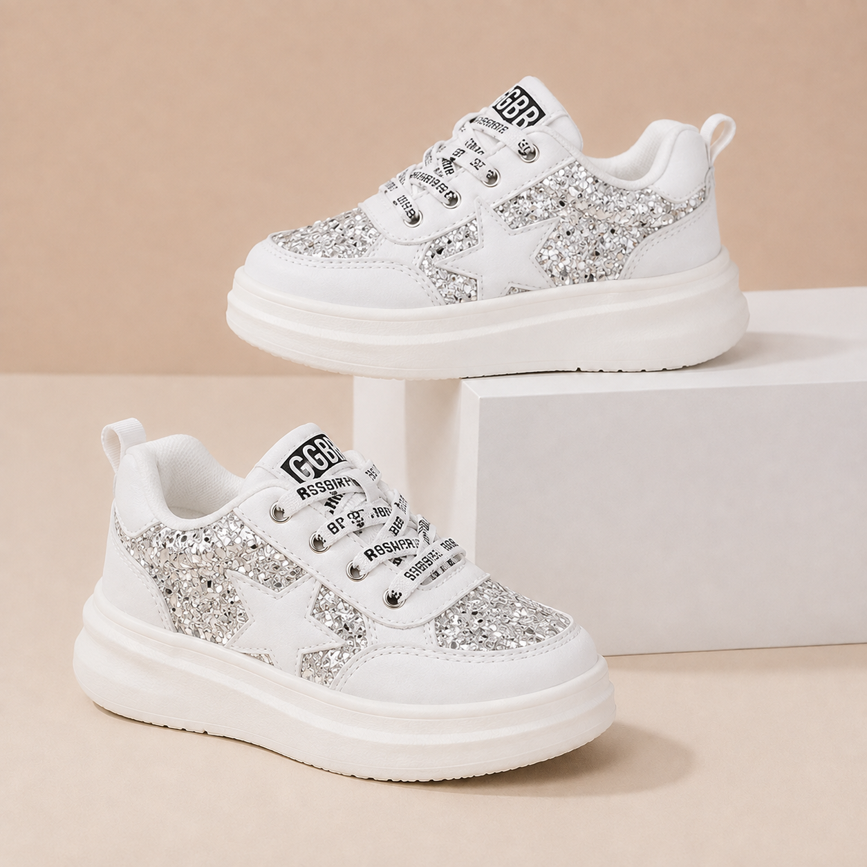 Girls Glitter Star Sneakers – Fashion Casual Shoes with Thick Sole & All-Day Comfort
