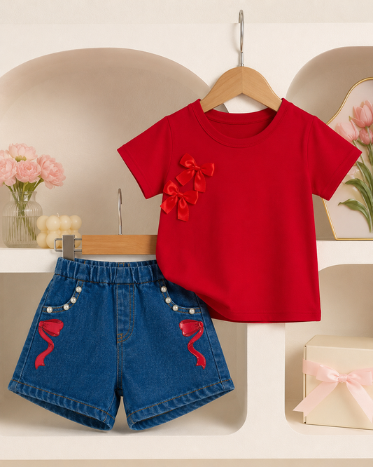 Girls Red Bow T-Shirt & Denim Shorts 2-Piece Summer Outfit Set