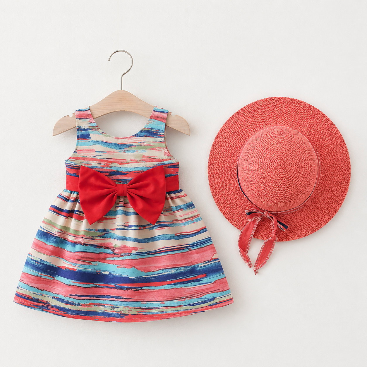 Girls' colorful summer dress with a stylish hat and a large bow tie