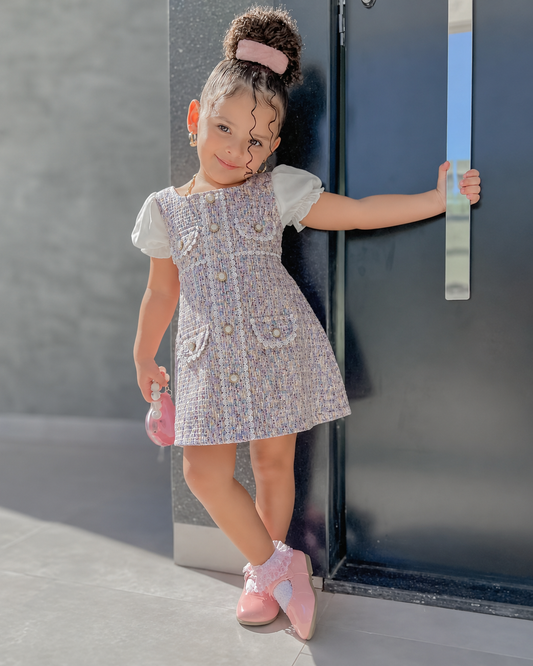 Robe Élégante en Tweed à Manches Bouffantes pour Filles – Robe Trapèze Style Princesse