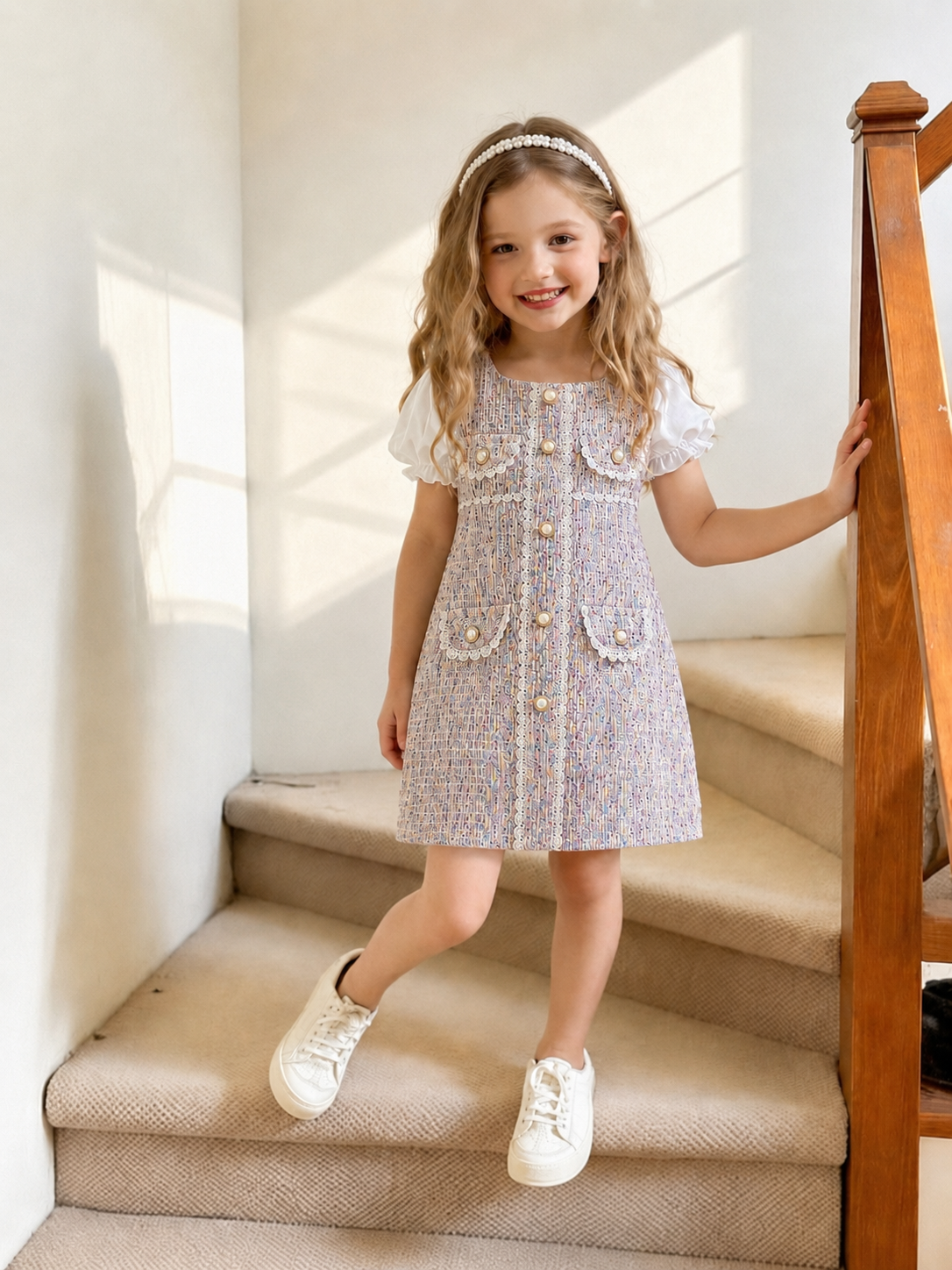 Robe Élégante en Tweed à Manches Bouffantes pour Filles – Robe Trapèze Style Princesse