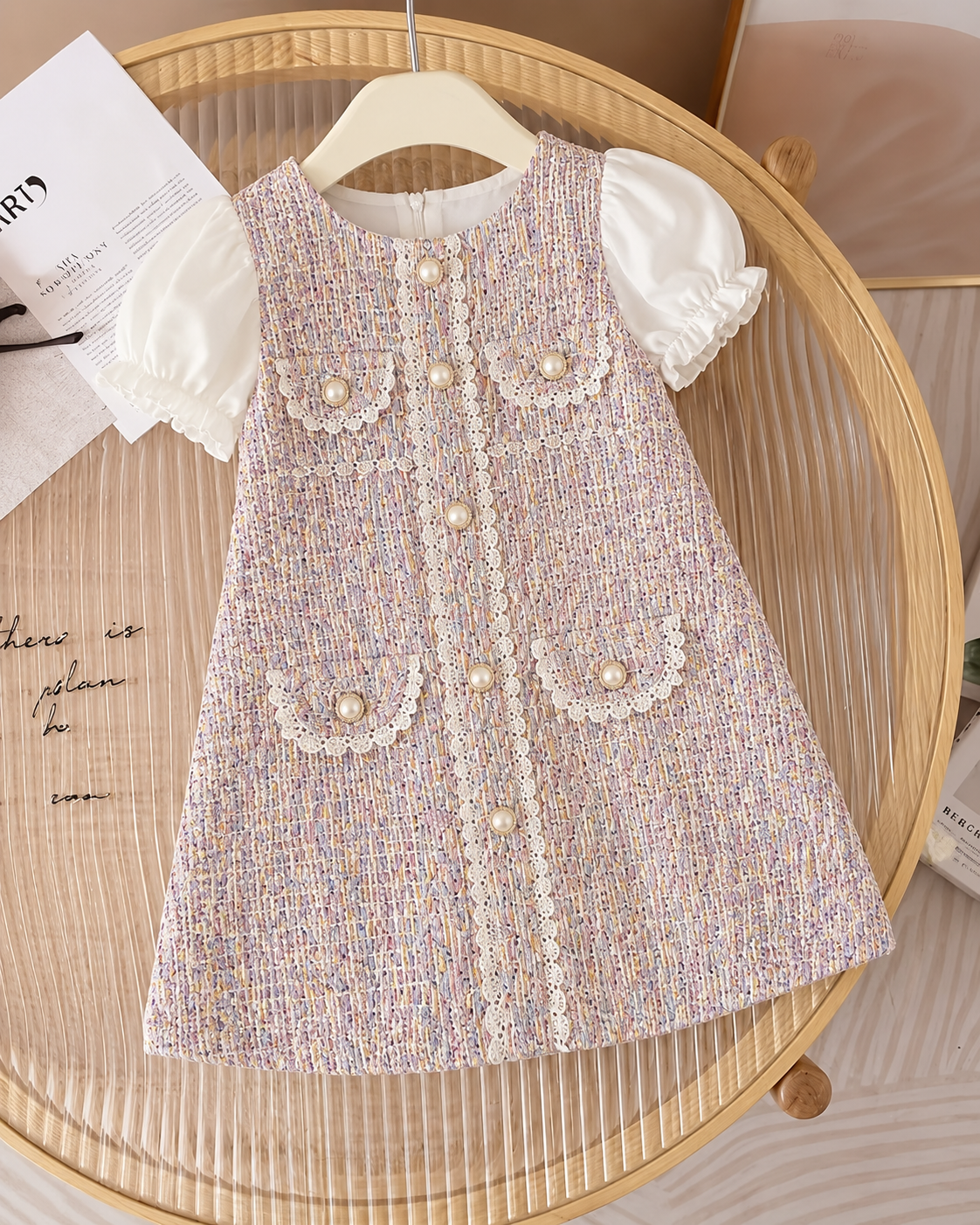 Robe Élégante en Tweed à Manches Bouffantes pour Filles – Robe Trapèze Style Princesse