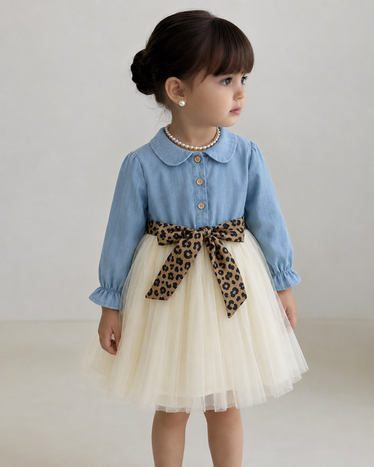 ✨ Elegant Girls Denim & Tulle Dress with Leopard Bow – Princess Style Outfit