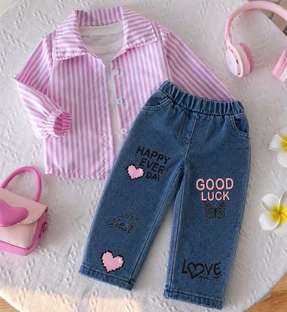 💖 Ensemble 3 Pièces Chic pour Fille – Chemise Rayée Rose, Haut Blanc & Jean Tendance 💖