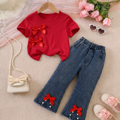 Ensemble élégant haut à nœud rouge et jean en denim pour petites filles – Tenue stylée pour enfant
