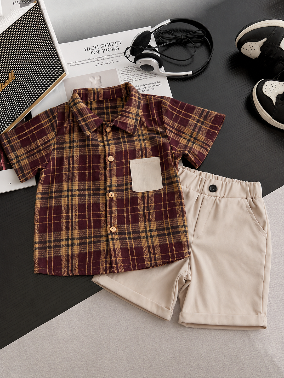 Ensemble d'été 2 pièces pour garçons – Chemise à carreaux et short beige