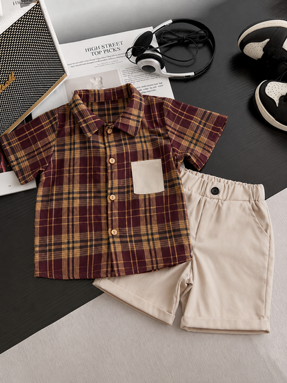 Ensemble d'été 2 pièces pour garçons – Chemise à carreaux et short beige