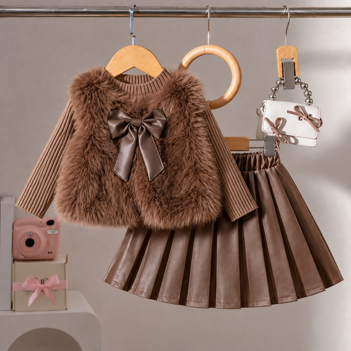 Ensemble 3 pièces « Manteau et jupe élégants en fausse fourrure avec détails de nœud »