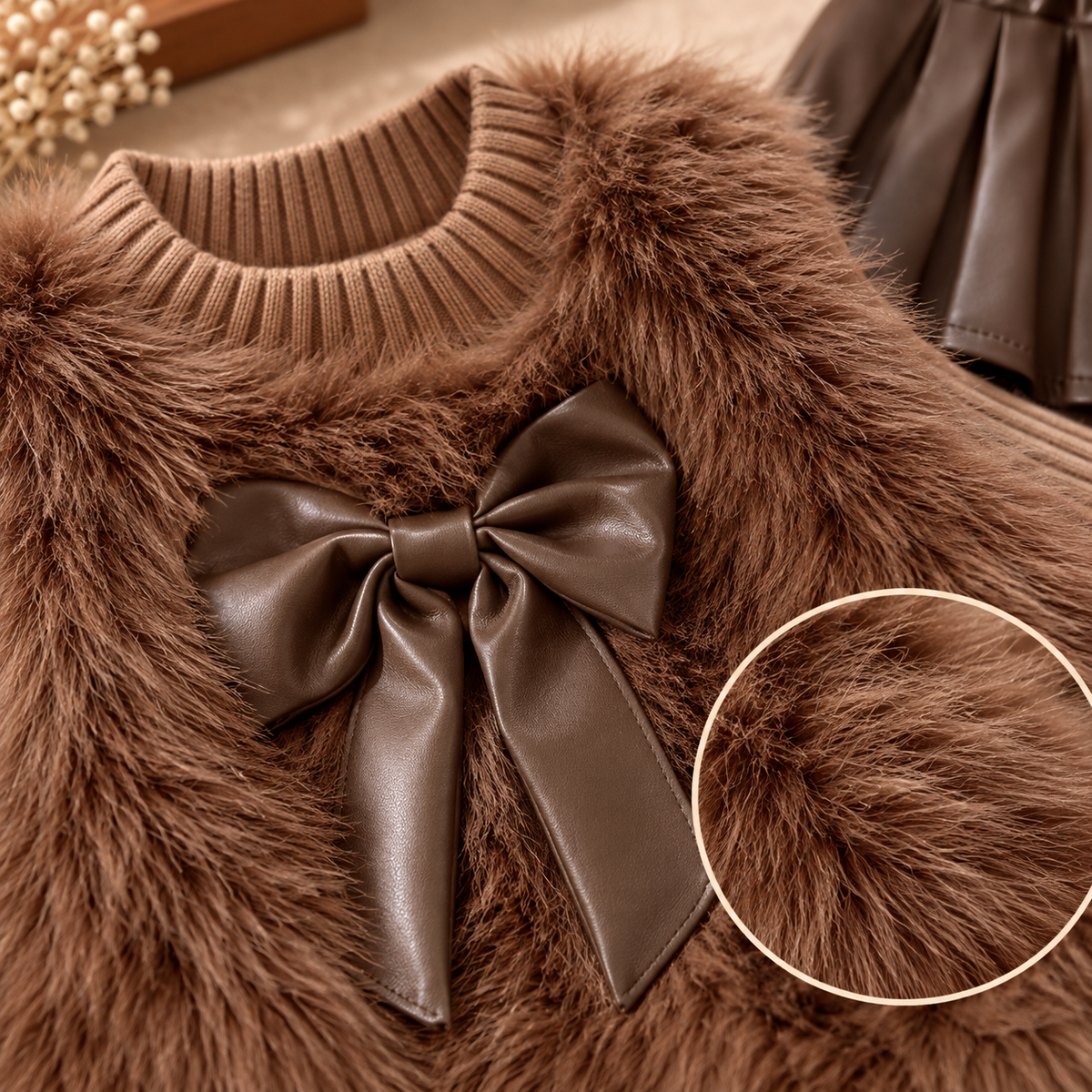 Ensemble 3 pièces « Manteau et jupe élégants en fausse fourrure avec détails de nœud »