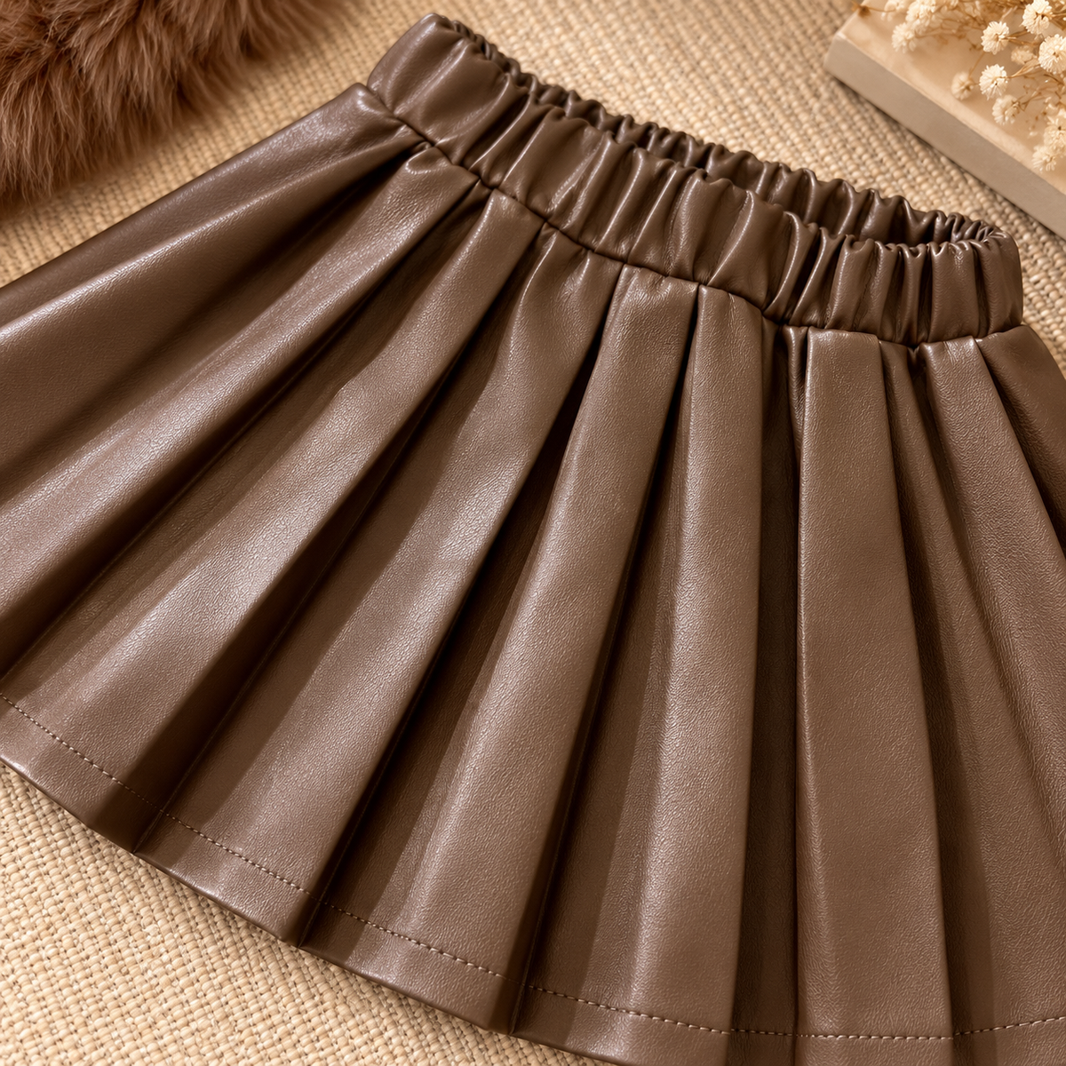 Ensemble 3 pièces « Manteau et jupe élégants en fausse fourrure avec détails de nœud »