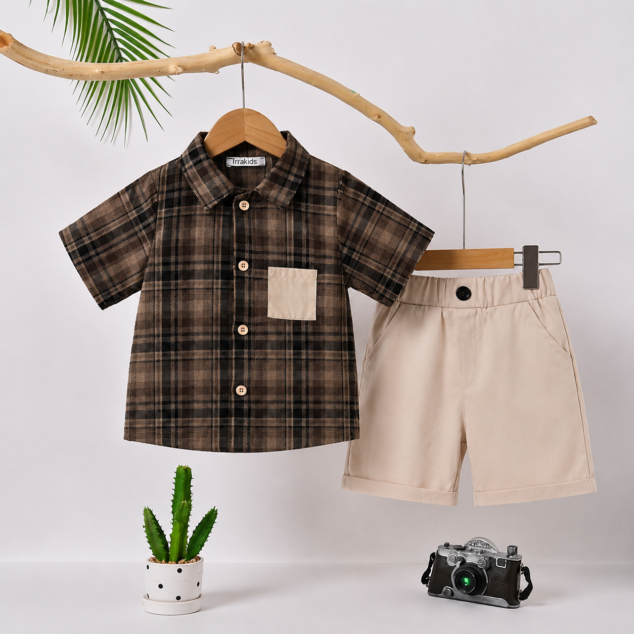 Boys 2-Piece Summer Outfit – Plaid Shirt & Beige Shorts Set