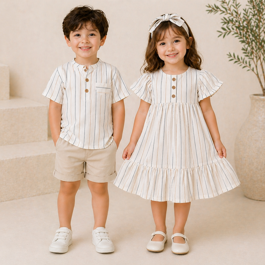 Ensemble de tenue d'été 2026 pour enfants, chemise rayée en coton, short et robe, vêtements doux et respirants pour garçons et filles