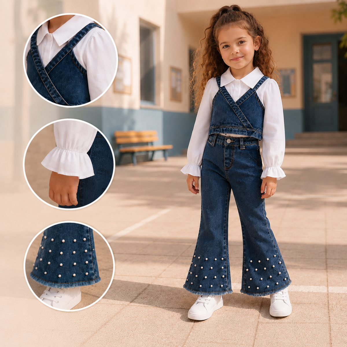 Ensemble 3 pièces pour filles avec pantalon en jean évasé, chemise blanche à manches bouffantes et débardeur en jean superposé