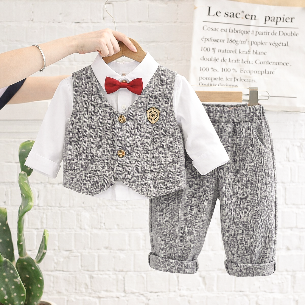 Ensemble gilet de cérémonie 3 pièces pour garçon, style gentleman classique