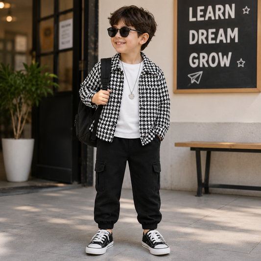 Playful Pals Boy Clothing Set – Stylish Houndstooth Print Shacket + Matching Black Pants, Elegant Casual Outfit for Spring & Autumn