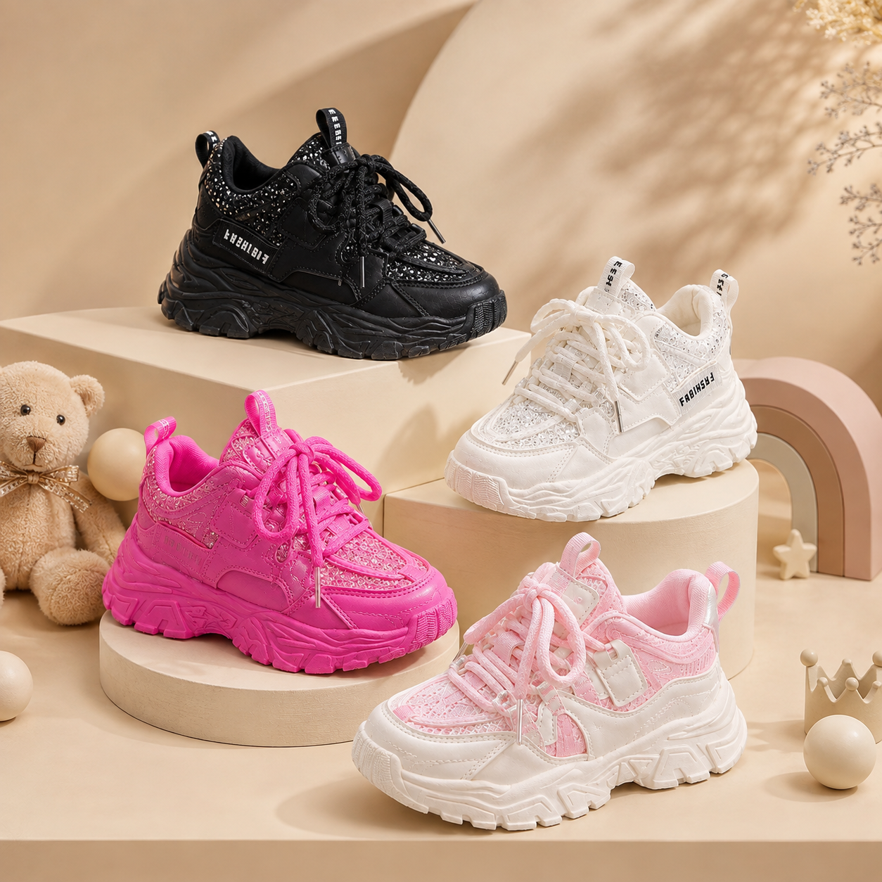 Girls' Fashion Chunky Sneakers – Sparkle Casual Sports Shoes | Lightweight & Comfortable