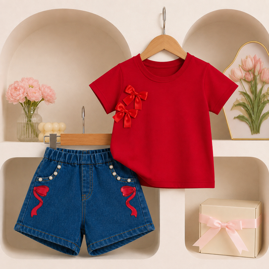 Ensemble d'été 2 pièces short en jean et t-shirt rouge avec nœud pour fille