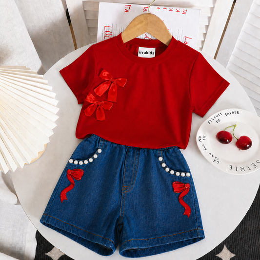 Girls Red Bow T-Shirt & Denim Shorts 2-Piece Summer Outfit Set